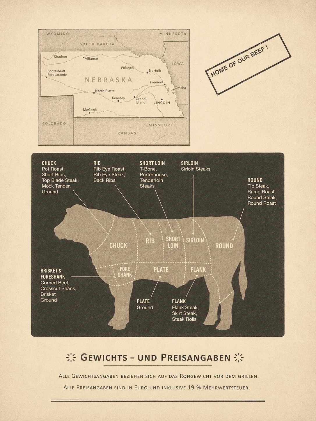 Seite aus dem ROOM-Menübuch mit Karte von Nebraska und Beef-Cut-Diagramm